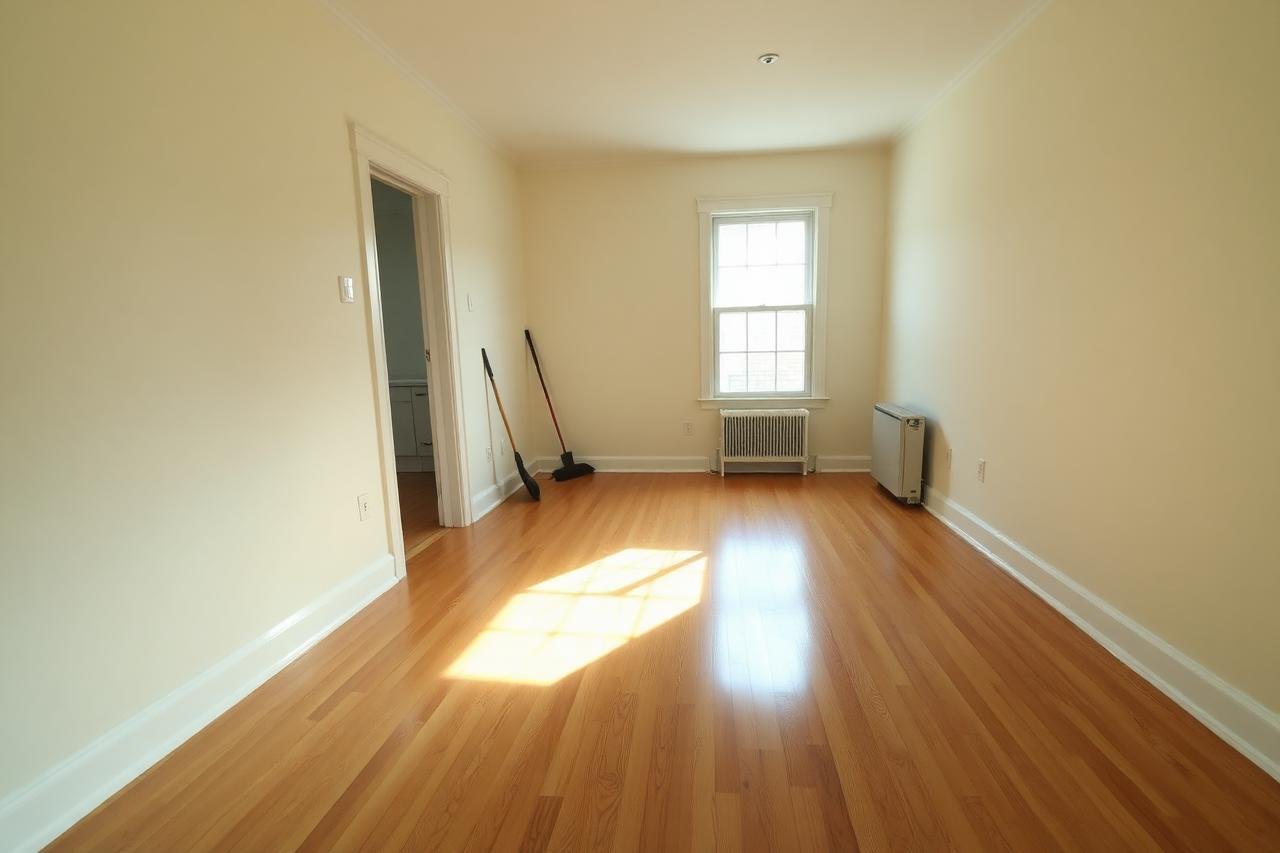The same living room emptied and broom-clean with bare hardwood floors after Genie Haul furniture removal.