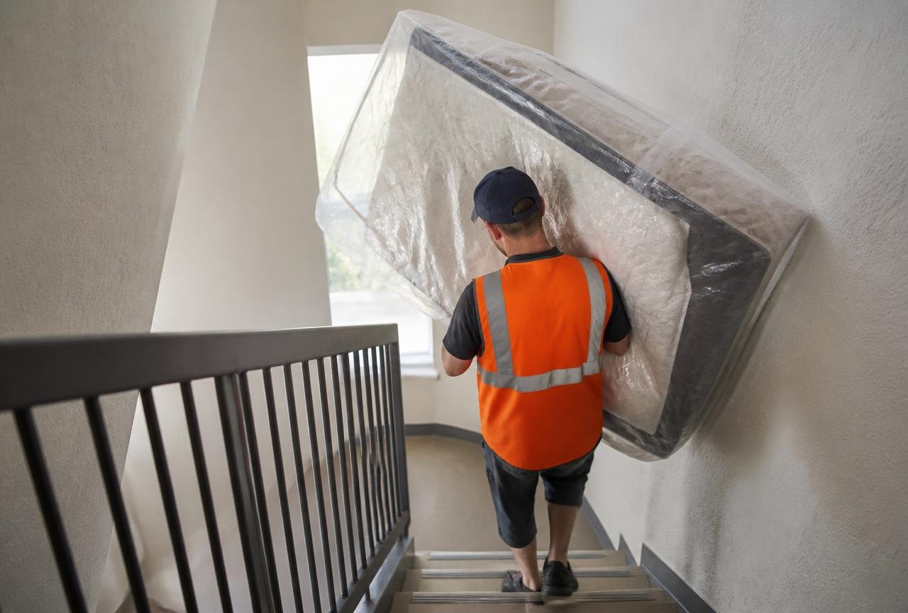 Genie Haul crew member carrying a wrapped mattress down apartment stairs for mattress and box spring removal.