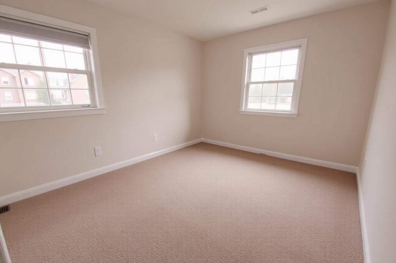 The same bedroom completely empty with clean vacuumed carpet after Genie Haul mattress removal.