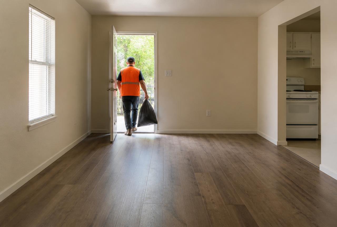 Genie Haul crew finishing a broom-clean rental turnover cleanout in an empty apartment.