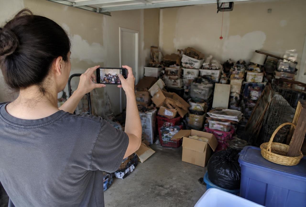 Video Walkthrough Quote | Genie Haul Junk Removal Homeowner recording a phone video walkthrough of garage junk to start a Genie Haul instant quote.