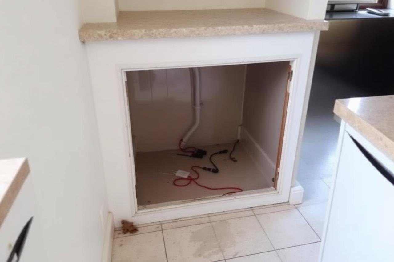 The same kitchen with a cleared, swept appliance alcove after Genie Haul appliance removal.