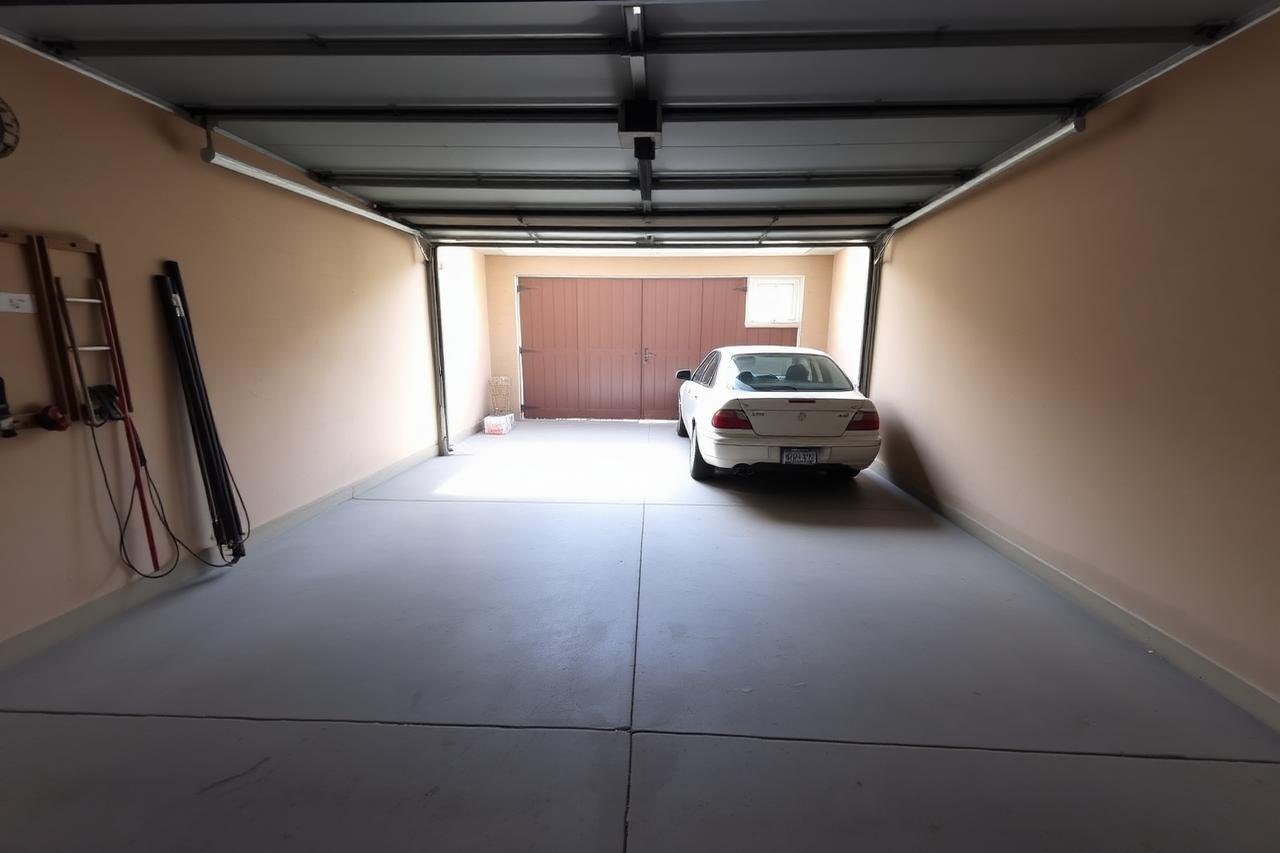 The same garage cleared with a swept concrete floor and room to park after a Genie Haul garage cleanout.