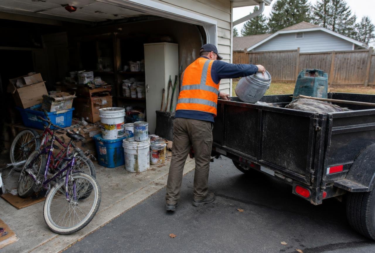 Genie Haul crew loading old bikes, paint cans and boxes from a garage cleanout into a dump trailer.