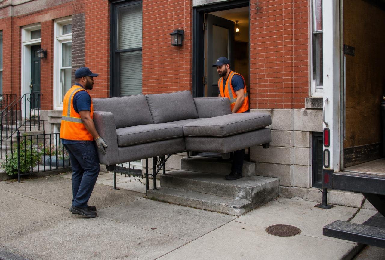 Genie Haul crew carrying a sectional sofa out of a Baltimore rowhouse for same-day furniture removal.
