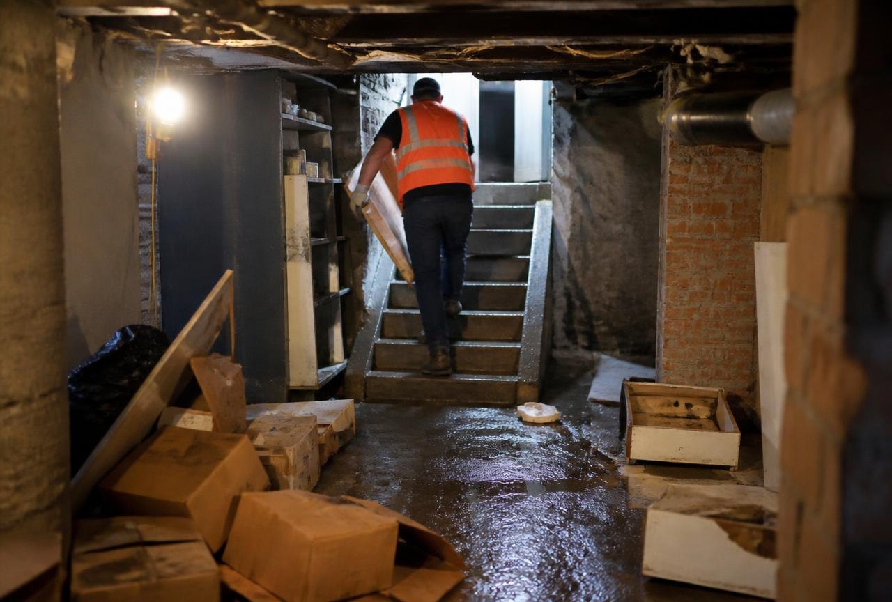 Genie Haul crew carrying damp boxes and broken shelving up narrow basement stairs during a basement cleanout.