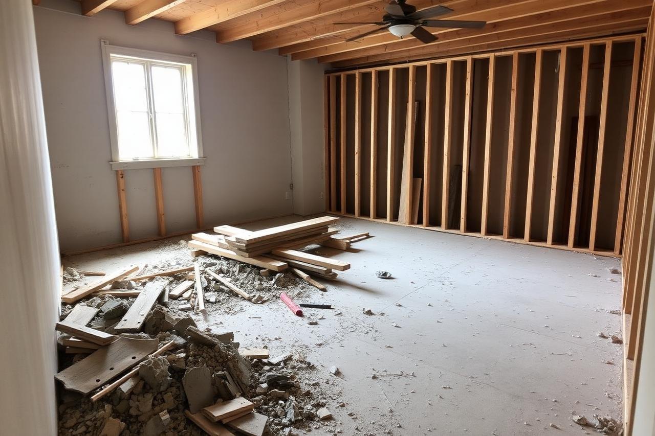 The same renovation room swept back to bare subfloor and exposed studs after Genie Haul construction debris removal.