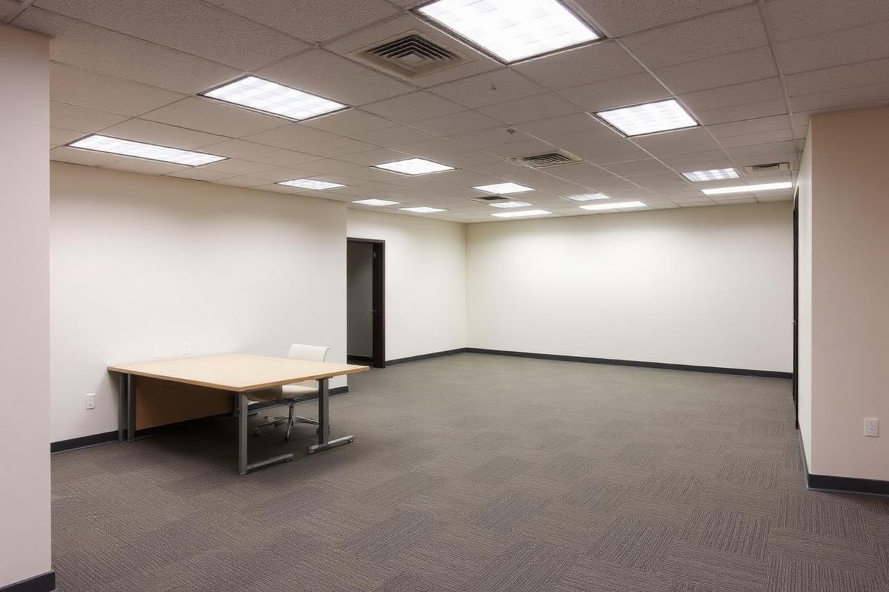 The same office suite emptied with clean commercial carpet after a Genie Haul office cleanout.