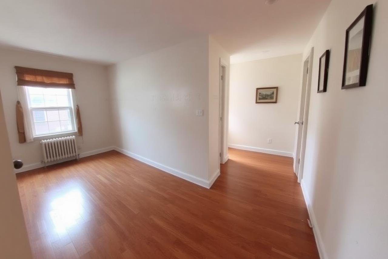 The same rooms emptied and swept with bare floors after a Genie Haul estate cleanout.