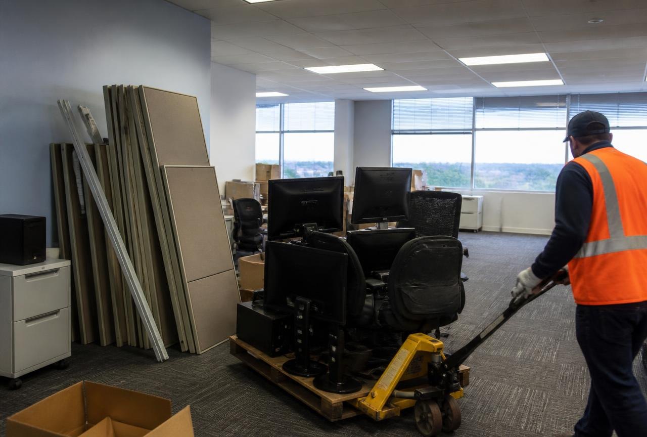 Genie Haul crew moving cubicle panels, chairs and monitors on a pallet jack during an office cleanout.