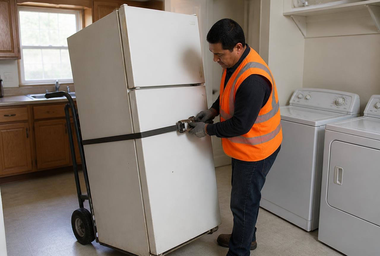 Genie Haul technician strapping an old refrigerator to an appliance dolly for safe appliance removal and disposal.