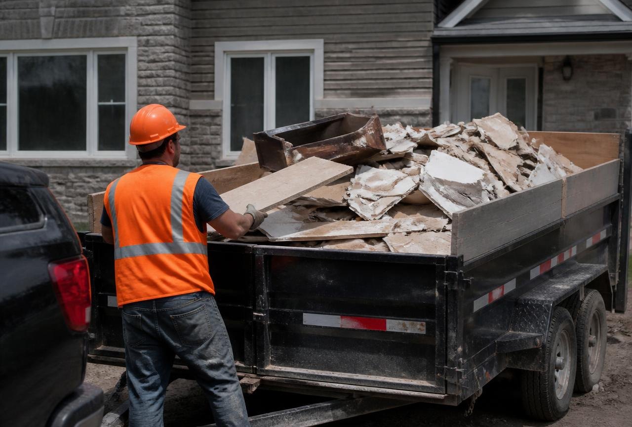 Genie Haul crew loading drywall, lumber and old cabinets into a dump trailer for construction debris removal.